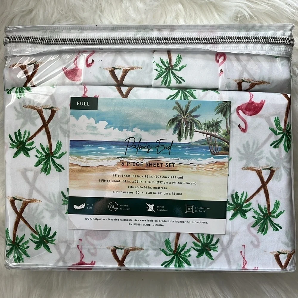 🆕Palm’s End Sheet Set 6 Piece FULL Size Sheets Flamingos and Palm Trees Tropical